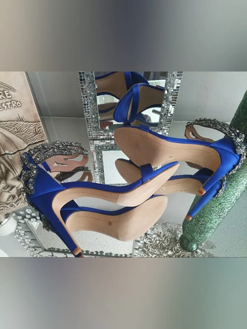 Satin Royal Blue Open-Toe Heels with Crystal Embellished Ankle Strap